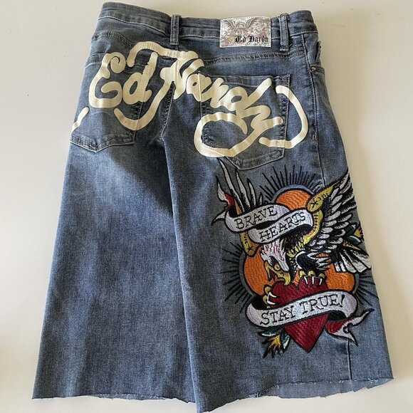 Ed Hardy Women’s Heart Eagle Embroidered Denim Cut Off Shorts Jorts Size 26 - Picture 2 of 16